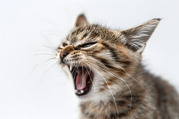 Sticker - Angry cat with open mouth showing its teeth isolated in white background. Rabies in animals