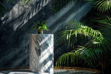 Canvas Print - Luxurious stonemarble pedestal basks in foliage gobo sunlight. Wooden rod backdrop adds depth and elegance. Ideal for premium product showcases and sophisticated designs - generative ai