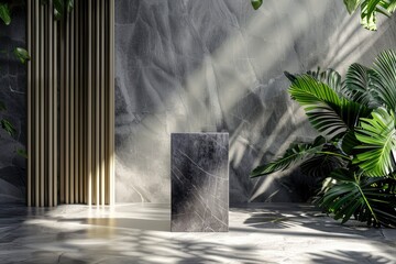 Canvas Print - Luxurious stonemarble pedestal basks in foliage gobo sunlight. Wooden rod backdrop adds depth and elegance. Ideal for premium product showcases and sophisticated designs - generative ai