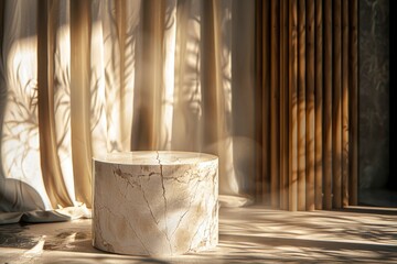 Canvas Print - Luxurious stonemarble pedestal basks in foliage gobo sunlight. Wooden rod backdrop adds depth and elegance. Ideal for premium product showcases and sophisticated designs - generative ai