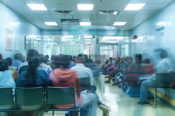 A crowded hospital waiting room with people in need of medical attention, contrasted with a private clinic with immediate service