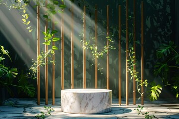 Canvas Print - Luxurious stonemarble pedestal basks in foliage gobo sunlight. Wooden rod backdrop adds depth and elegance. Ideal for premium product showcases and sophisticated designs - generative ai