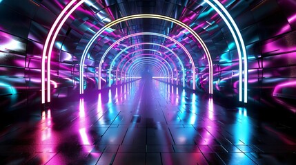 Wall Mural - futuristic tunnel with vibrant neon lights creating a dynamic visual effect. perfect for themes of t
