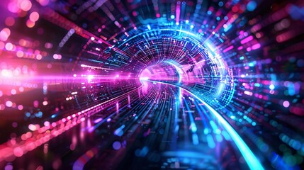 Wall Mural - vibrant digital tunnel with swirling neon colors, creating an immersive experience of light and moti