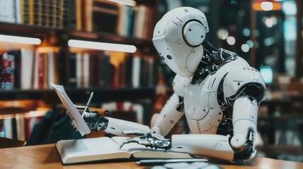 Fototapete - An artificial intelligence robot sits at a table in a library, writing in a notebook. Generative AI