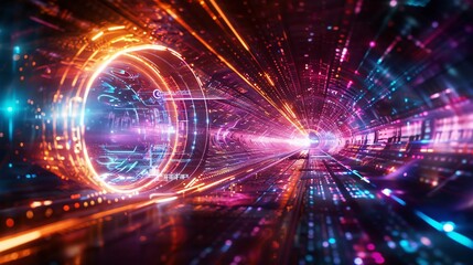 Wall Mural - a vibrant abstract digital tunnel with colorful lights and dynamic energy, perfect for futuristic co