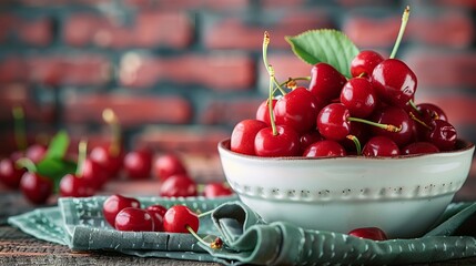 Wall Mural - Fresh Cherries in a Bowl on a Wooden Table