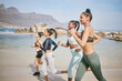 © peopleimages.com - Sports, running and group of women by beach for workout in morning with exercise community. Health, fitness and female athletes with cardio by ocean or sea for endurance, speed and physical training.