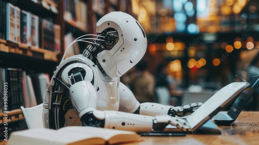 A white humanoid robot sits at a desk in a library, using a laptop ...
