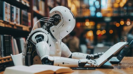 Fototapete - A white humanoid robot sits at a desk in a library, using a laptop. There is an open book in front of the robot. Generative AI