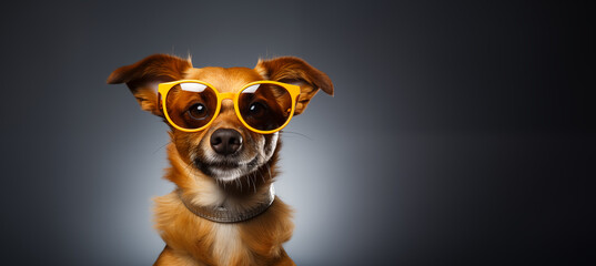 Wall Mural - Dog wearing sunglasses. Happy dog with sunglasses. Portrait of smiling dog wearing sunglasses. Happy pet concept