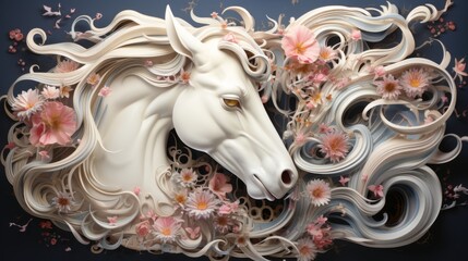 Poster - White Horse Head in a Floral Frame