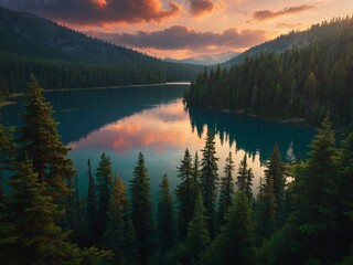 Wall Mural - Forest and mountain wallpaper, 4K digital painting, sunset lake, trees, pines, clouds