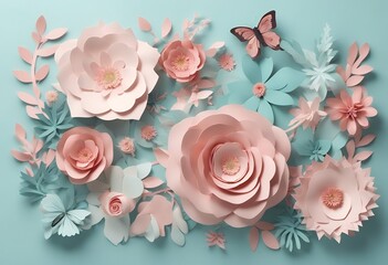 rose butterfly 3d decor olated modern festive paper wall floral abstract botanical cut bloom pastel arrangement white render dahlia color flower leaves flowers simple background three dimensional pale