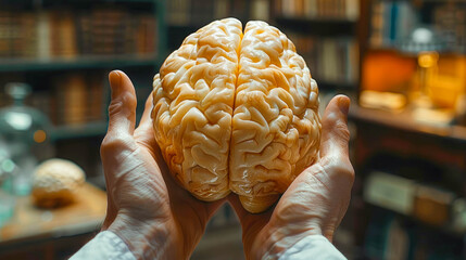 A realistic hand holding a detailed model of a human brain, set against a blue background