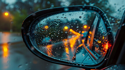 Canvas Print - It was raining, the car's side mirror was wet with rainwater, but it still reflected the road and the scenery behind. The mirror captures the image behind in detail.