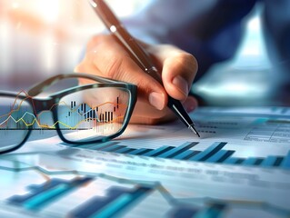 Financial Analyst Reviewing Market Data and Graphs at Desk