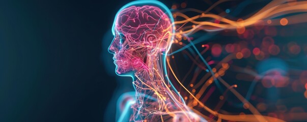 Wall Mural - 3d digital illustration of human anatomy showcasing a glowing neural network with abstract orange an