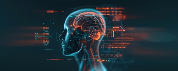 Wall Mural - 3d digital illustration of a human brain in profile view with data interface elements, highlighting 