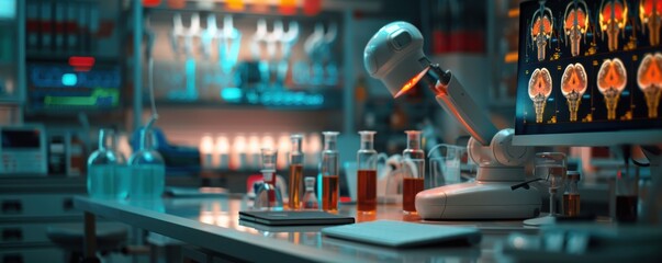 Wall Mural - a futuristic medical laboratory featuring brain scan images on a monitor, lab equipment, test tubes,