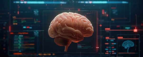 Wall Mural - a high-tech laboratory showcasing an advanced brain interface surrounded by digital data and futuris