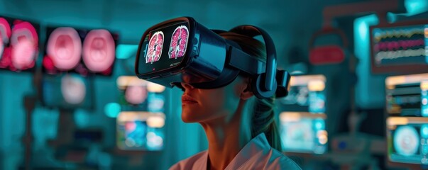 Wall Mural - female doctor wearing a vr headset, analyzing brain scans in an advanced medical laboratory, showcas