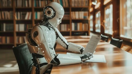 Fototapete - An artificial intelligence robot, sitting at a table in a library, works on a written document. Generative AI