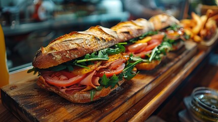 Wall Mural - Freshly Made Sandwiches on Wooden Board