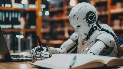 Fototapete - An AI robot sits at a desk in a library, working on a laptop and taking notes in a notebook. Generative AI
