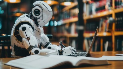 Fototapete - A white artificial intelligence robot sits at a table in a library, typing on a laptop and writing in a notebook. Generative AI