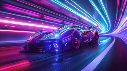 Poster - Futuristic sports car races through a tunnel with neon lights illuminating the way. Digital art.