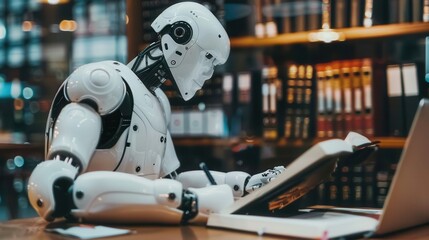 Fototapete - A white humanoid robot sits at a desk, writing in a notebook with a pen. Generative AI