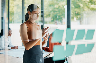 Poster - Glass, sticky notes and woman with tablet, boardroom and reading for brainstorming in business and serious. Online, employee and meeting for company, digital and research on social media in USA