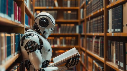 Poster - An artificial intelligence robot reads a book while standing in a library with shelves full of books. Generative AI