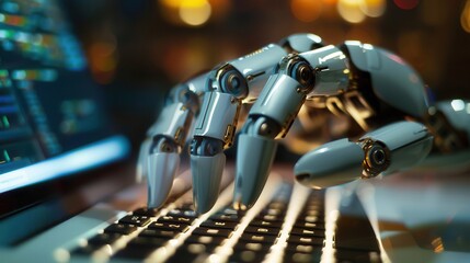 Fototapete - A robotic hand types on a laptop keyboard, highlighting the advancements in artificial intelligence and its ability to perform tasks like writing. Generative AI