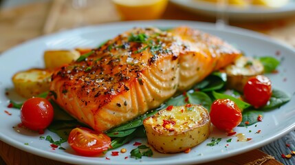 Wall Mural - Grilled Salmon With Potatoes and Spinach