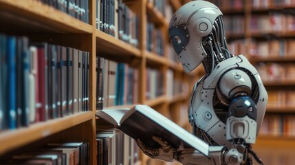 Fototapete - A robotic figure in a library, immersed in a book, surrounded by towering shelves of literature. Generative AI