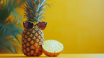 Wall Mural - Pineapple in sunglasses on wooden white background	