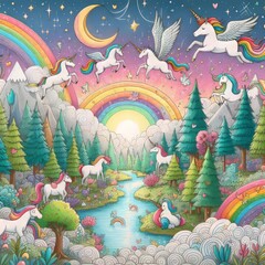 Wall Mural - 135 86 Children's drawing of a magical forest with unicorns and