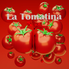 Wall Mural - La Tomatina Festival, Background for Poster or Banner with Tomatoes. Annual Summer Traditional Spanish Holidays, Celebration of Harvest. Cartoon 3d render Illustration.