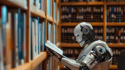 Leinwandbilder - An AI robot is shown reading a book while standing in a library surrounded by bookshelves. Generative AI
