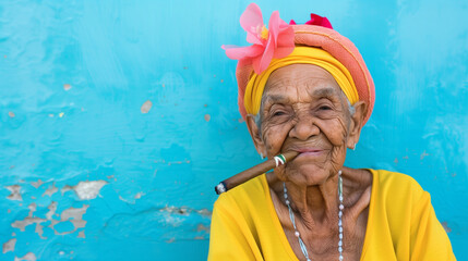 Wall Mural - Colorful portrait of an old picturesque Cuban woman smiling