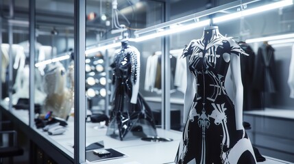 futuristic fashion tech studio where designers use 3D scanning and printing to create custom garments on-demand