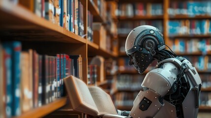 Fototapete - A robotic figure, likely an AI, sits in a library, immersed in reading a large book. Generative AI