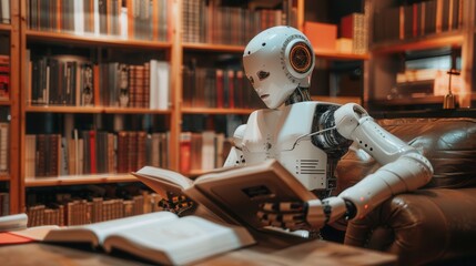 Fototapete - An artificial intelligence robot sits in a library, reading a book while surrounded by bookshelves filled with volumes. Generative AI
