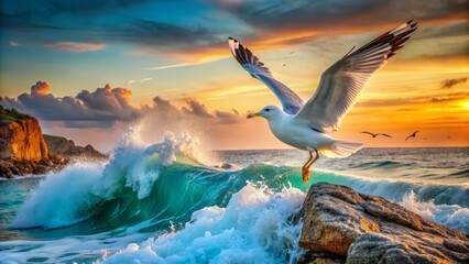 Wall Mural - Majestic white seagull spreads wings amidst turquoise ocean waves crashing against rugged rocky shoreline at sunset in serene nature scene.