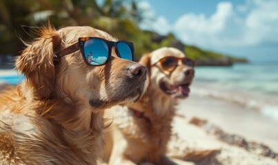 Funny animal pet dog summer holiday vacation photography banner background - Closeup of dogs with sunglasses, chilling relaxing at the tropical ocean beach