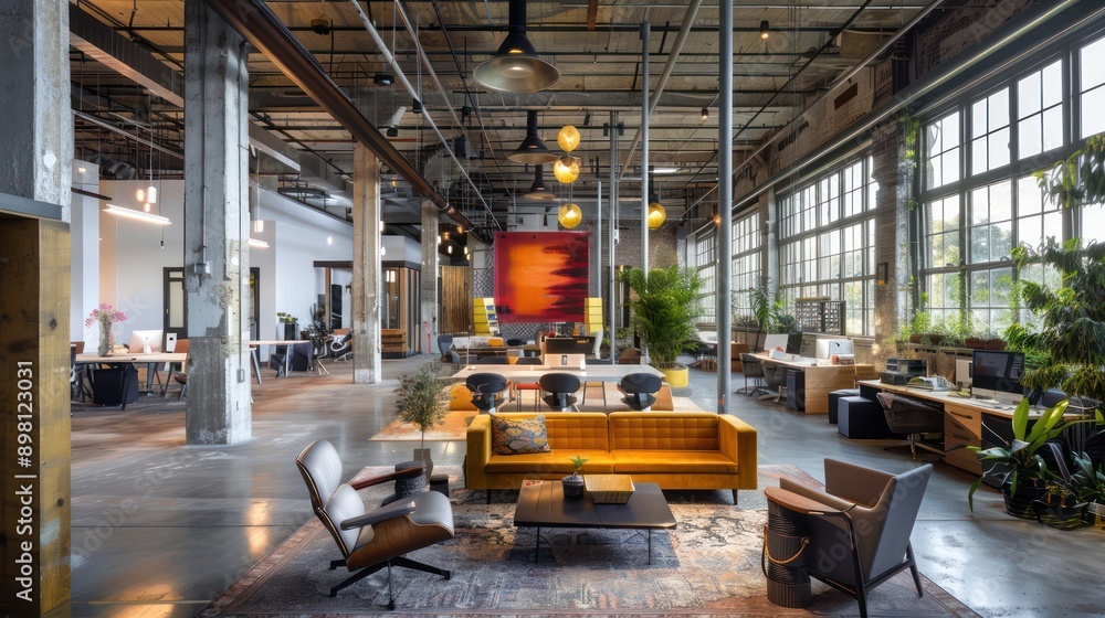 high-ceiling industrial space reimagined as a stylish office with ...