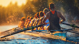 A row of rowers are in the water, with one man in the middle of the row