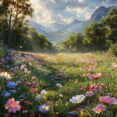 Canvas Print - Mountain Meadow with Path of Flowers